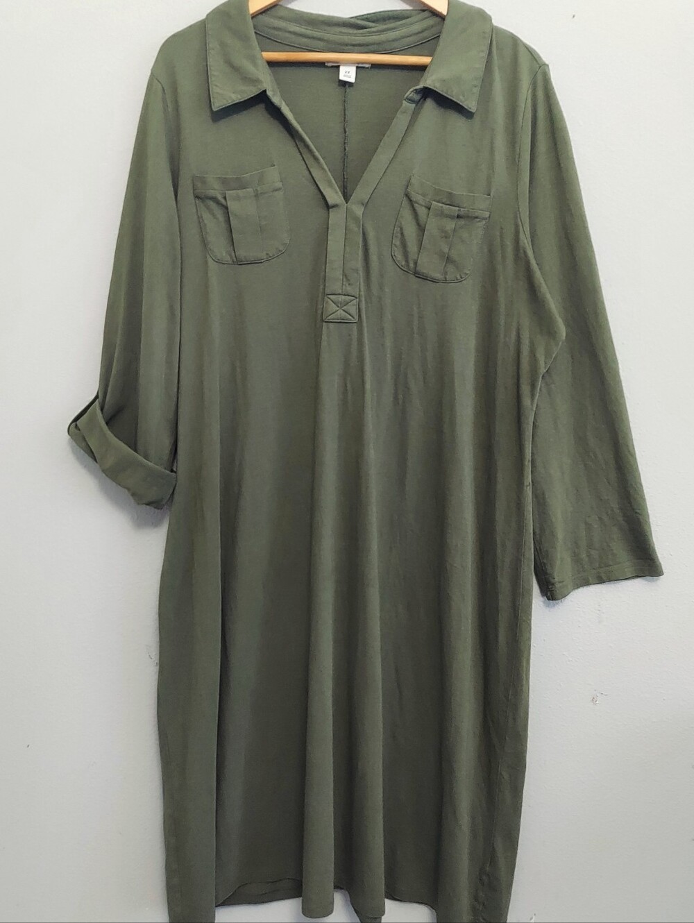 Old Navy Split Neck Collar Knit Midi Shirt Dress Olive Green 2x Minimalist